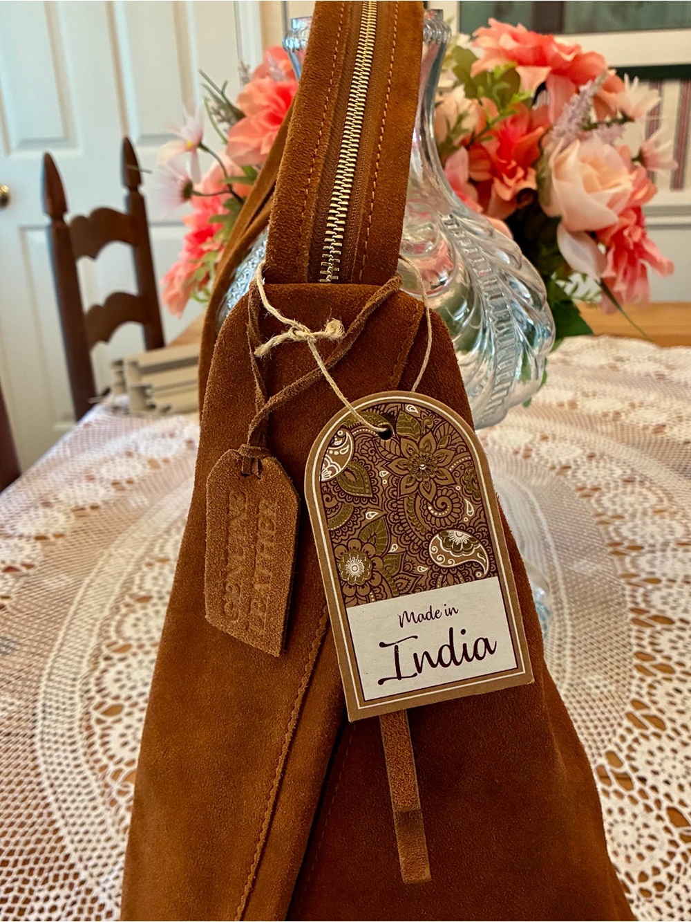 NWT Made in India Brown Suede Women’s Backpack/Sling Bag - Picture 3 of 11